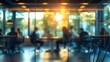 © Javid - Blurred silhouettes of business people in a modern office setting with sunlight filtering through large windows. AI generated image