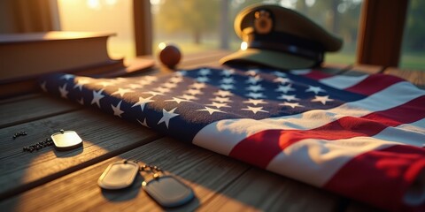 Wall Mural - American flag draped on a wooden table with military dog tags and cap at sunrise