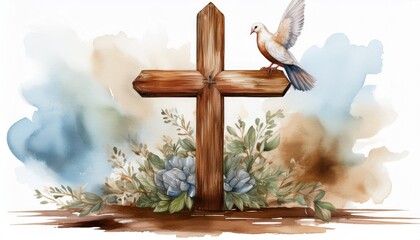 A soft watercolor cross in earthy greens and browns, a peaceful dove sitting at the base, wi