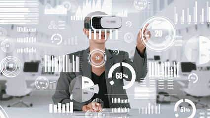 Wall Mural - Businesswoman typing keyboard selecting dynamic market data analysis monitor by VR global innovation interface digital infographic network technology virtual hologram animation at office. Contraption.