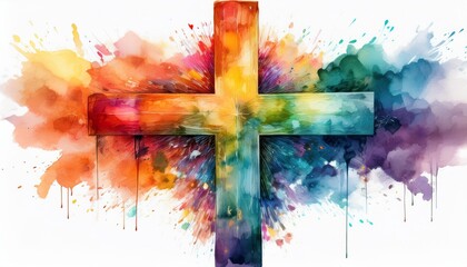 Wall Mural - A vibrant watercolor Christian cross with soft pastel hues, isolated on a white background w