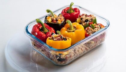  Bell peppers filled with a mixture of black beans, corn, quinoa, and diced tomatoes, in a cl