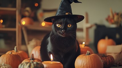 Wall Mural - Black cat in witch hat among halloween pumpkins and candles 