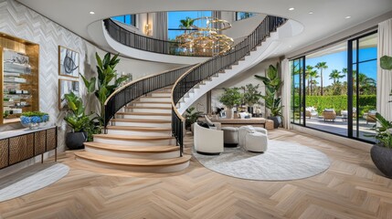 Wall Mural - Light-colored hardwood flooring and a dark walnut front door entrance coat rack create a bright and airy entry foyer