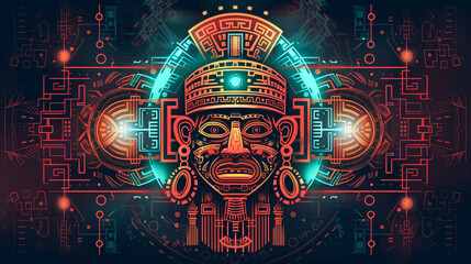 A vibrant digital artwork combining elements of Mayan culture and technology, featuring a central mask surrounded by intricate, glowing circuits, symbolizing a fusion of the past and future