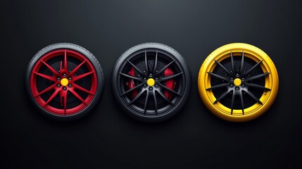 A set of black wheels with red and yellow lines, soft tyres, soft compounds, and an icon of a tire logo symbolises a team leader and is isolated from the background.