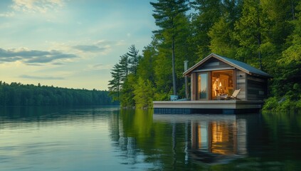 Wall Mural - A wooden cabin on a lake, surrounded by trees.