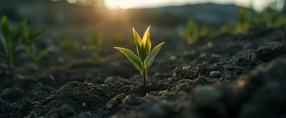 Wall Mural - A single green sprout emerges from the dark soil, reaching towards the sun's golden rays.