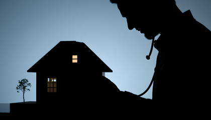 Man Using Stethoscope To Check Model House isolated with white highlights, png