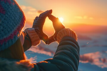 A heart shape made by two hands wearing gloves, with the sun setting in background. The woman is holding her hand up to form an open heart symbol, and she has white patterned woolen sleeves