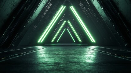 Wall Mural - In this rendering, the scene shows a futuristic underground bunker or spaceship hangar with neon holograms and glowing green accents, which is set in a dark tunnel with metal panels.