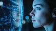 © Ket - Woman looking at digital interface with blue futuristic network on dark background, highlighting concept of human interaction with artificial intelligence technologies