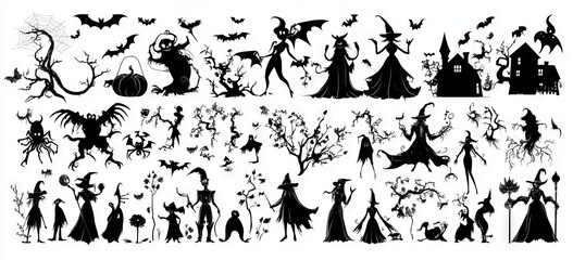 Canvas Print - An illustration of halloween silhouettes., witches, creepy, spooky images for halloween decorations. Hand drawn modern illustration, modern illustration.