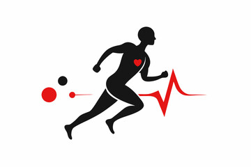 Silhouette of a man in running, joints pain with cardiogram, silhouette black