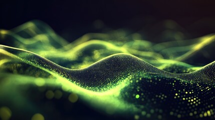 Wall Mural - Abstract glowing digital cyber wave made particles dots moves Green light background.