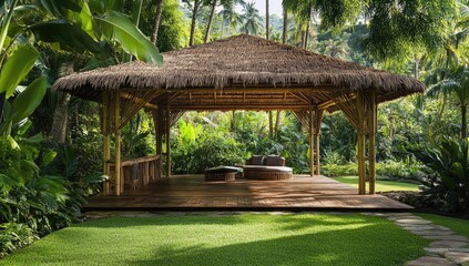 Wall Mural - Tropical hut with a wooden floor and a stone path.