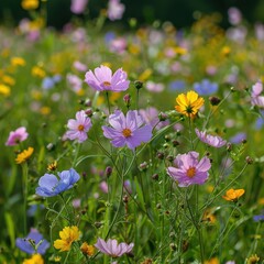 Canvas Print - Vibrant Wildflower Meadow in Full Bloom Featuring Pink, Yellow, and Blue Flowers Against a Lush Greenery Background on a Sunny Day