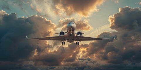 Private jet taking off from airport with landing gear extended on cloudy sky