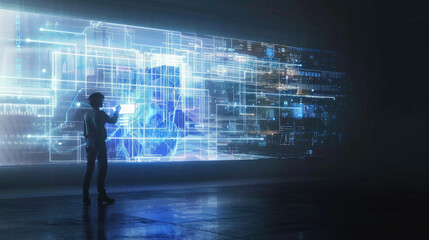 Wall Mural - A figure engages with advanced holographic data and technology in a darkened setting