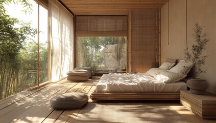 Canvas Print - Minimalist bedroom with bamboo furniture and a view of the