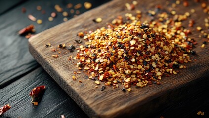 Crushed red pepper flakes on wooden board.