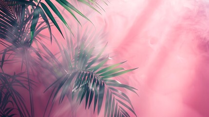 Wall Mural - Palm leaf and Soft focus pink neon texture refraction wall. Light and shadow smoke abstract copy space background.