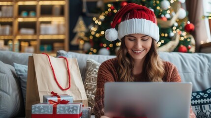 Beautiful female shopping online at home in Christmas holiday season