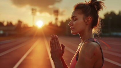 Female Athlete in Vibrant Sportswear Praying at Sunset in Stadium.