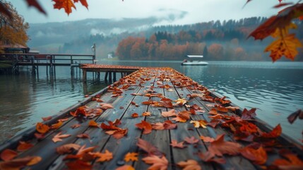 Wall Mural - Empty wooden walkway with Autumn foliage and beautiful lake view