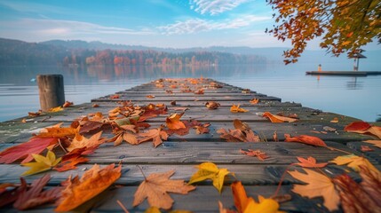 Wall Mural - Empty wooden walkway with Autumn foliage and beautiful lake view