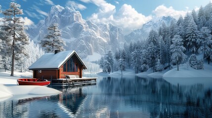 Wall Mural - Vacation house with winter scenic view by lake