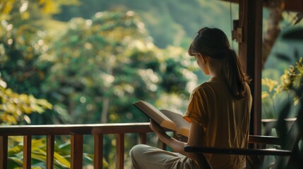 Poster - A female sitting in chair reading a book at vacation house with scenic view