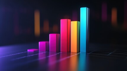 Wall Mural - Colorful bar graph rising against a dark background with a glowing blue bar at the top.