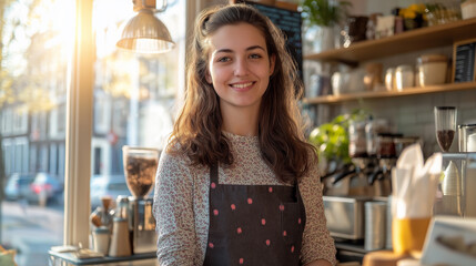 Wall Mural - Smiling Barista in Apron at Cozy Sunlit Cafe