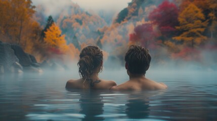 Wall Mural - Lovely couple in hot spring spa pool in vacation house