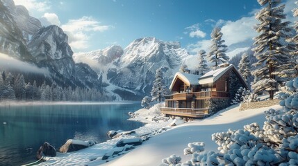 Canvas Print - Vacation house with winter scenic view by lake