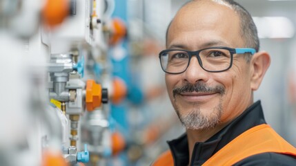 hispanic mid-age man employee operating production line machine in dairy factory, copy space