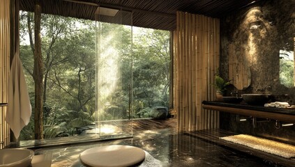 A luxurious bathroom with a jungle view.