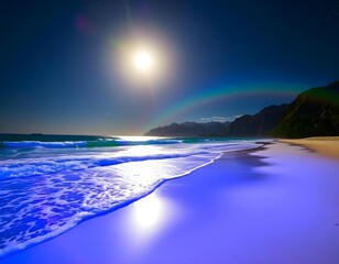 Wall Mural - A tropical beach at nighttime with bioluminescent waves, white sand, and a vibrant rainbow faintly visible under a starry sky create with ai