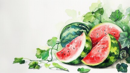 Watercolor painting of fresh sweet ripe watermelon slices plant