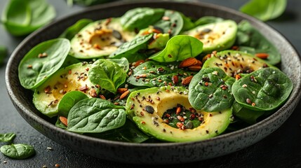 Wall Mural - A healthy and delicious salad with spinach, avocado, and roasted seeds