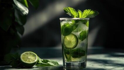 Wall Mural - Lime, mint, and ice in a glass.