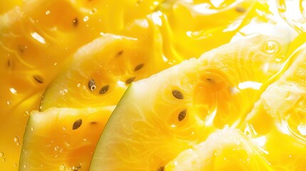 Fresh sweet ripe yellow watermelon slices macro closeup view