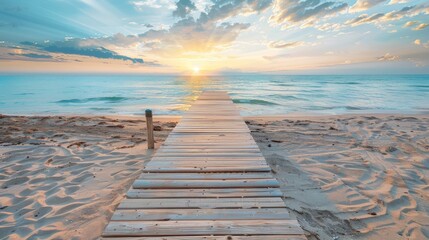 Poster - Sunset over the Sea with a Wooden Path