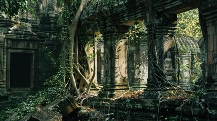 Ancient Temple Overgrown with Trees in Cambodia