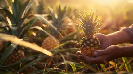 Wall Mural - Fresh pineapple fruit growing in plantation field in farm