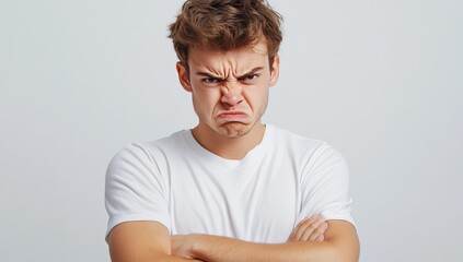 Angry man in a white shirt with crossed arms.