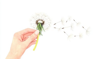 A hand holds a fluffy dandelion, with seeds drifting in the air, symbolizing nature's beauty and the cycle of life. watercolor Style