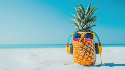 Wall Mural - Fresh pineapple with sunglasses at sandy beach with sea