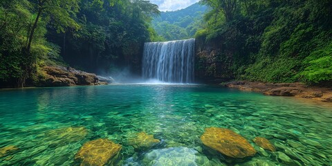 Wall Mural -  A beautiful waterfall flows into a crystal clear pool, surrounded by lush tropical trees, vibrant and alive. Image generated by AI